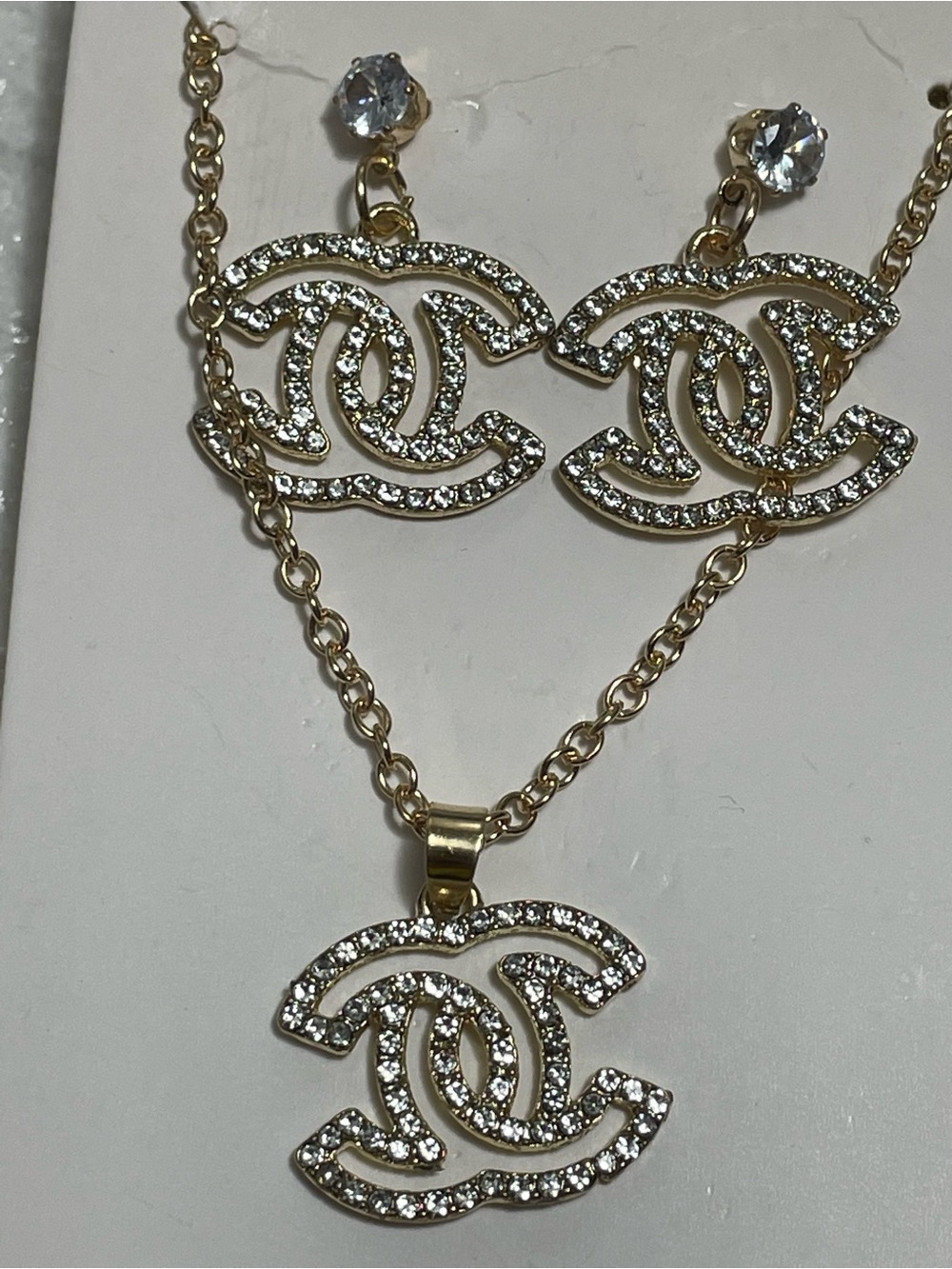 VTG Gold and Crystal CC Logo Necklace with Matching Stud Earrings